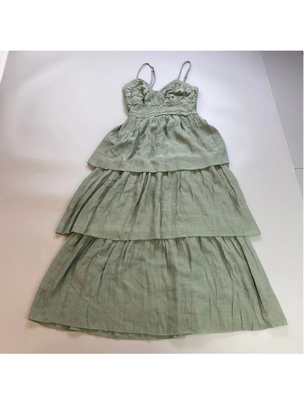 Rebellion Again Dress XS Sage Green Crochet Tiered Boho Fairy Coastal Cowgirl - Picture 2 of 11